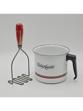 Vintage German Enamelware Mug/Pot and Potato Masher w/Red Wood Handle